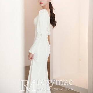 Latern Long Sleeve Mermaid Wedding Dress with Deep V Neck