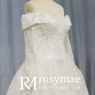 Long Sleeve Sparkly Ball Gown Wedding Dress with V-Neck Lace - Rosymae