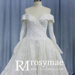 Long Sleeve Sparkly Ball Gown Wedding Dress with V-Neck Lace - Rosymae