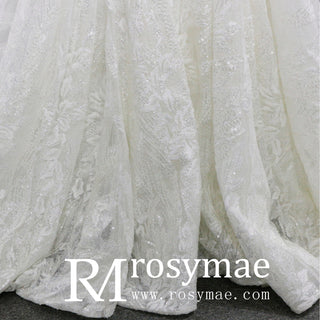Long Sleeve Sparkly Ball Gown Wedding Dress with V-Neck Lace - Rosymae