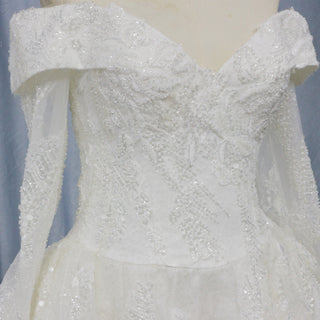 Long Sleeve Sparkly Ball Gown Wedding Dress with V-Neck Lace - Rosymae