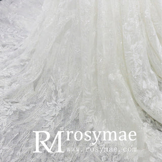 Long Sleeve Sparkly Ball Gown Wedding Dress with V-Neck Lace - Rosymae