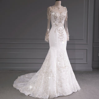 Long Sleeve Sparkly Mermaid Wedding Dress with Detachable Train