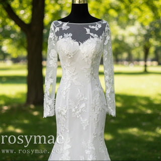 Long Sleeve Trumpet High Sheer Boat Neck Lace Wedding Dress - Rosymae