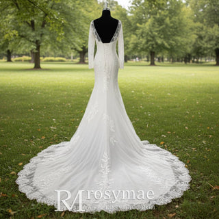 Long Sleeve Trumpet High Sheer Boat Neck Lace Wedding Dress - Rosymae