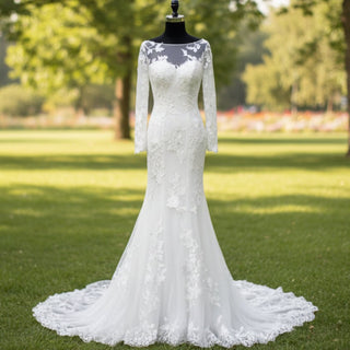 Long Sleeve Trumpet High Sheer Boat Neck Lace Wedding Dress - Rosymae