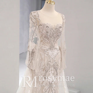 Capped Long Sleeve Mermaid Bridal Wedding Dress for Bride