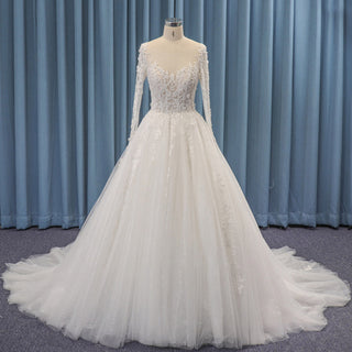 Sheer Bodice Tulle Lace Ball Gown Wedding Dress Long Sleeve