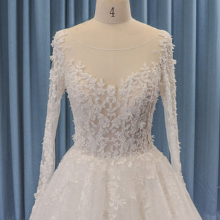 Sheer Bodice Tulle Lace Ball Gown Wedding Dress Long Sleeve
