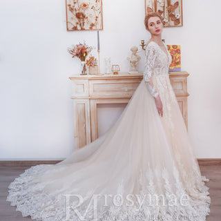 long-sleeve-v-neck-a-line-bride-wedding-gown