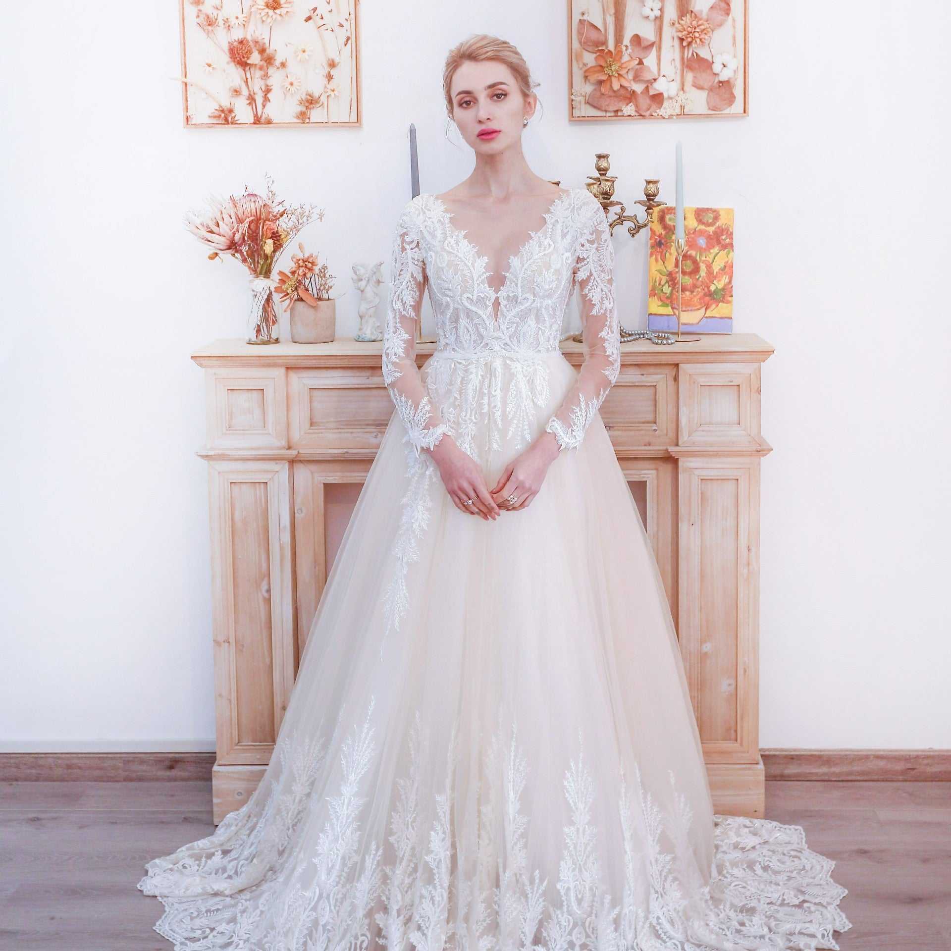 Sparkly Long Sleeve Lace A-Line Wedding Dress with Glitter Tulle Ivory / 16 Sparkly Long Sleeve Lace A-Line Wedding Dress with Glitter Tulle Ivory / 16