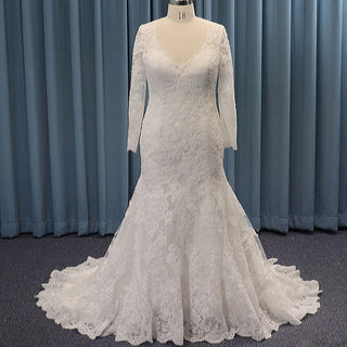 Sheer Long Sleeve V-neck Mermaid Lace Plus Size Wedding Dress