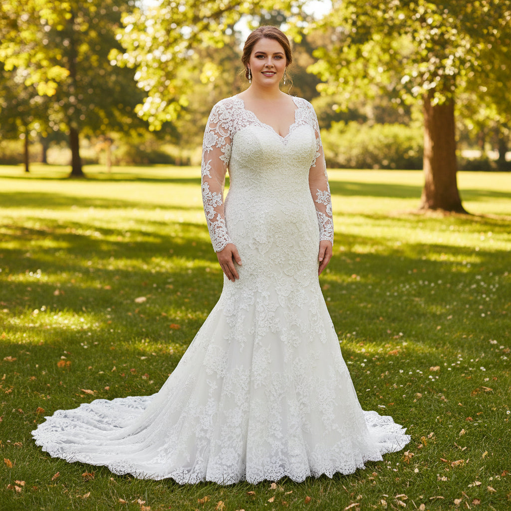 Sheer Long Sleeve V-neck Mermaid Lace Plus Size Wedding Dress Champagne / 26W Sheer Long Sleeve V-neck Mermaid Lace Plus Size Wedding Dress Champagne / 26W