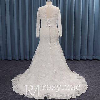 Sheer Long Sleeve V-neck Mermaid Lace Plus Size Wedding Dress
