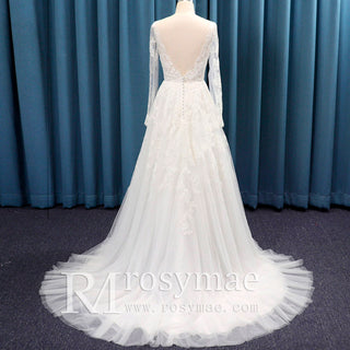 Open Back Bridal Gown Wedding Dress A-line with Long Sleeve