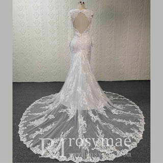 Long Sleeve V-neck Mermaid Lace Wedding Dresses with Keyhole - Rosymae