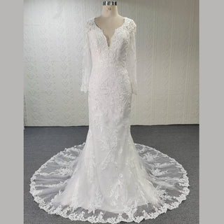 Long Sleeve V-neck Mermaid Lace Wedding Dresses with Keyhole - Rosymae