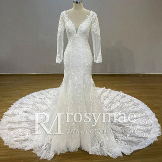 Long Sleeve V-neck Open Back Big Train Trumpet Lace Wedding Dress - Rosymae