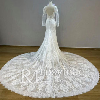 Long Sleeve V-neck Open Back Big Train Trumpet Lace Wedding Dress - Rosymae