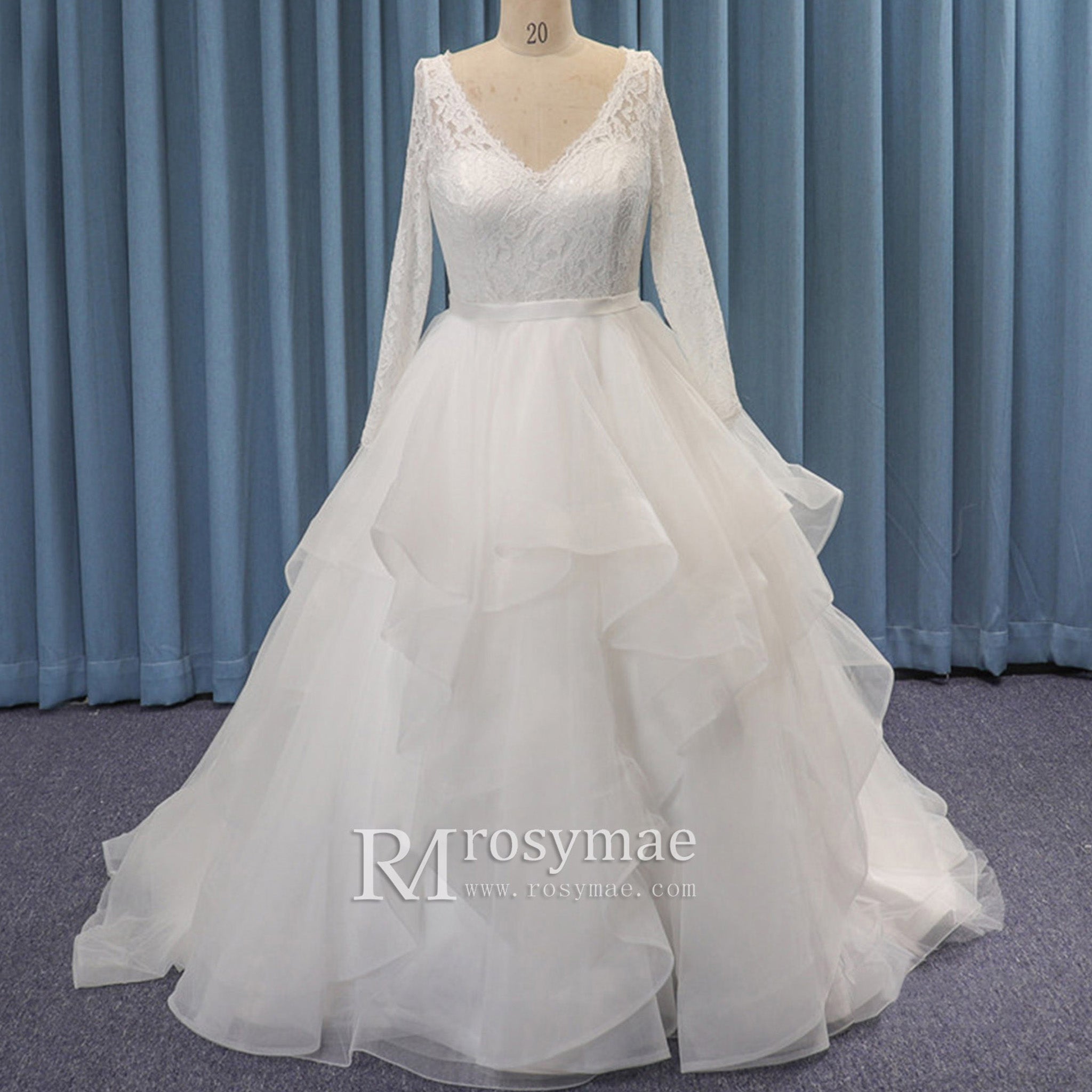 Long Sleeve V-neck Organza Plus Size Ball Gown Wedding Dress - Rosymae