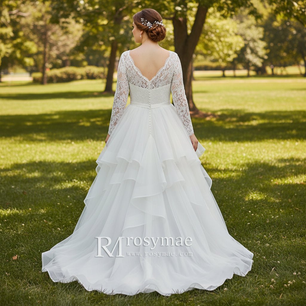 Long Sleeve V-neck Organza Plus Size Ball Gown Wedding Dress - Rosymae