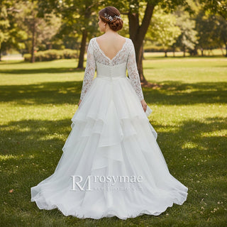 Long Sleeve V-neck Organza Plus Size Ball Gown Wedding Dress - Rosymae