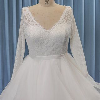 Long Sleeve V-neck Organza Plus Size Ball Gown Wedding Dress - Rosymae