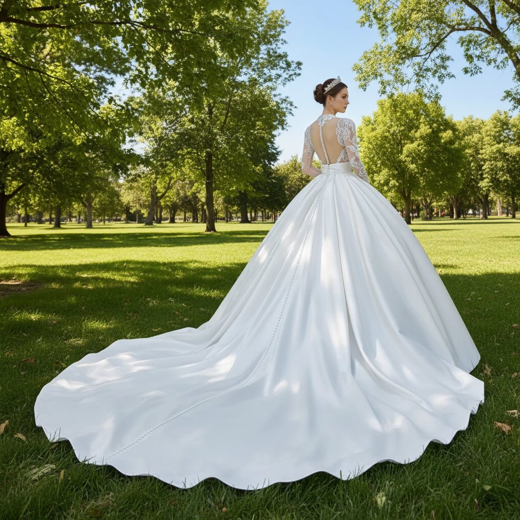 Long Sleeved High Neck Illusion Lace Ballgown Wedding Dress - Rosymae