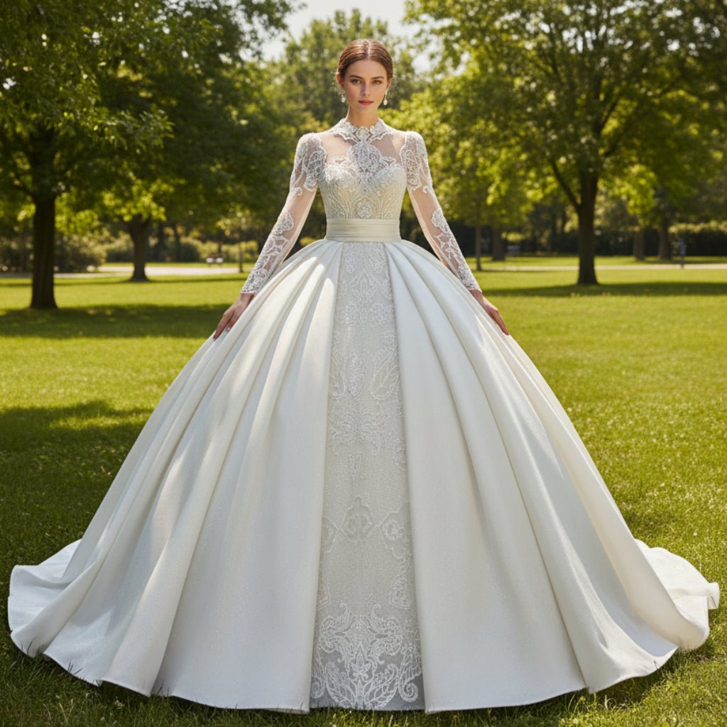 Long Sleeved High Neck Illusion Lace Ballgown Wedding Dress - Rosymae