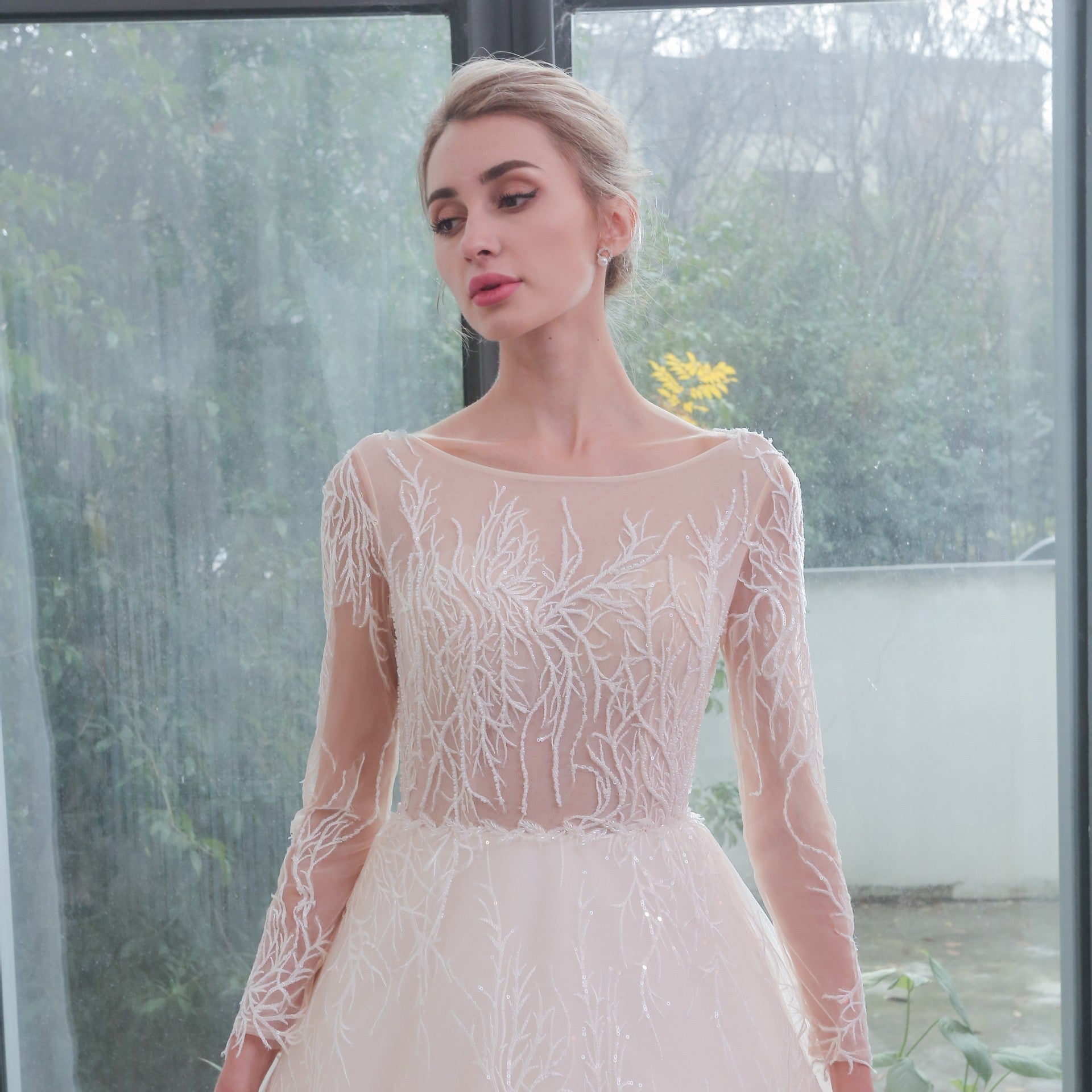 Long Sleeves Lace Ball Gown Bridal Lace Wedding Dress - Rosymae