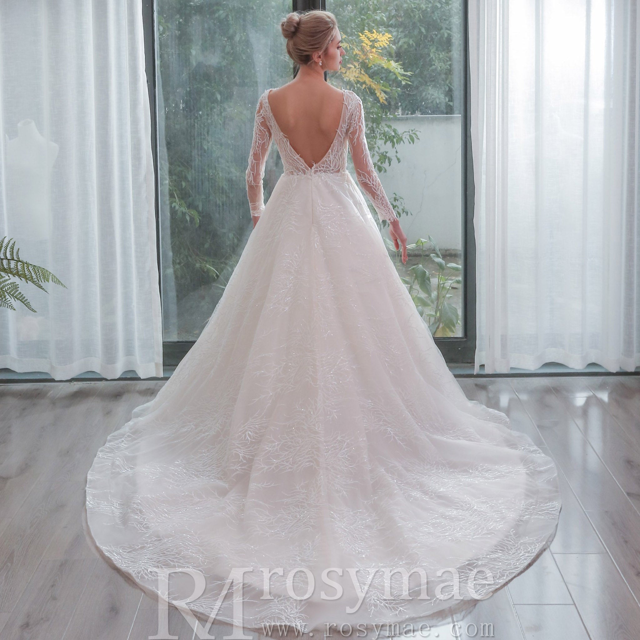 Long Sleeves Lace Ball Gown Bridal Lace Wedding Dress - Rosymae