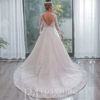 Long Sleeves Lace Ball Gown Bridal Lace Wedding Dress - Rosymae