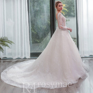 Long Sleeves Lace Ball Gown Bridal Lace Wedding Dress - Rosymae