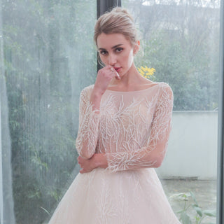 Long Sleeves Lace Ball Gown Bridal Lace Wedding Dress - Rosymae