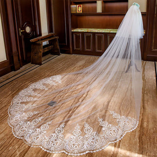 Long Soft Tulle Lace Appliqued Bridal Wedding Head Veil - Rosymae