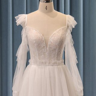 Low Back Off Shoulder Long Sleeve A-line Tulle Wedding Dress - Rosymae