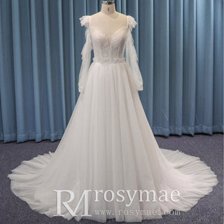 Low Back Off Shoulder Long Sleeve A-line Tulle Wedding Dress - Rosymae