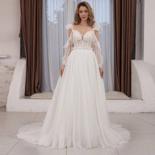 Low Back Off Shoulder Long Sleeve A-line Tulle Wedding Dress - Rosymae