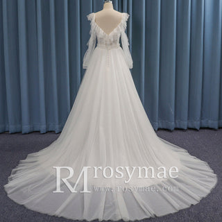 Low Back Off Shoulder Long Sleeve A-line Tulle Wedding Dress - Rosymae