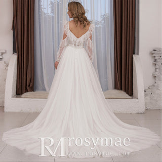 Low Back Off Shoulder Long Sleeve A-line Tulle Wedding Dress - Rosymae