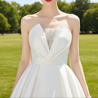 Low Back Strapless Satin A-line Wedding Dress with Beading - Rosymae