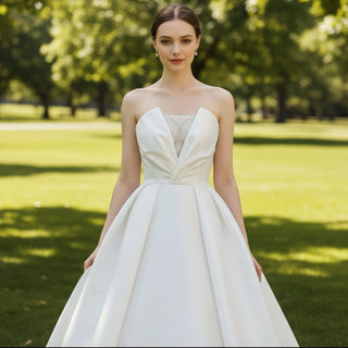 Low Back Strapless Satin A-line Wedding Dress with Beading - Rosymae