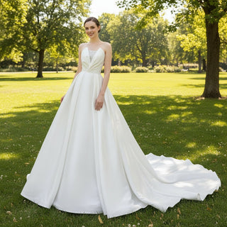 Low Back Strapless Satin A-line Wedding Dress with Beading - Rosymae