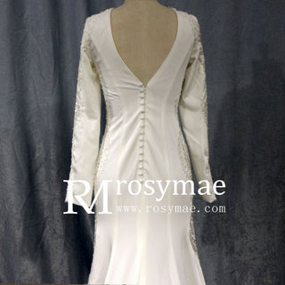 Low Back Vintage Wedding Dress High Neck Bridal Gown with Long Sleeve - Rosymae