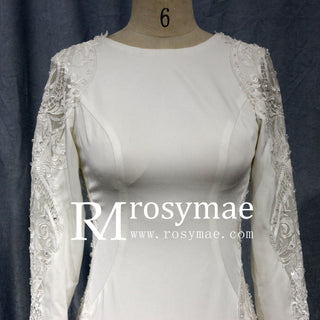Low Back Vintage Wedding Dress High Neck Bridal Gown with Long Sleeve - Rosymae