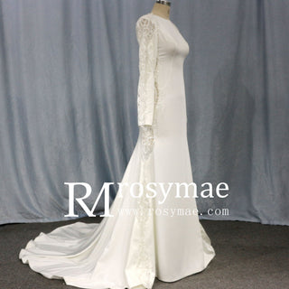 Low Back Vintage Wedding Dress High Neck Bridal Gown with Long Sleeve - Rosymae