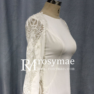 Low Back Vintage Wedding Dress High Neck Bridal Gown with Long Sleeve - Rosymae