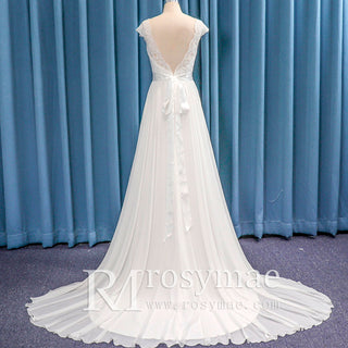 Capped Sleeve Double V A-line Lace Chiffon Bridal Gown Wedding Dress