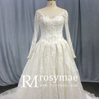 Luxurious Lace Illusion Long Sleeve Ball Gown Wedding Dress - Rosymae