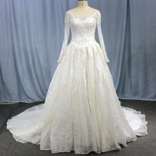 Luxurious Lace Illusion Long Sleeve Ball Gown Wedding Dress - Rosymae